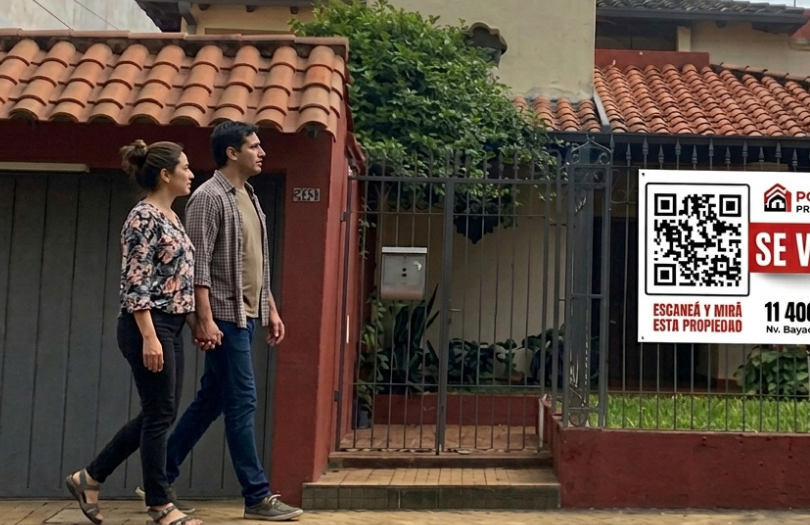 Personas pasando por cartel inmobiliario con código QR en Argentina