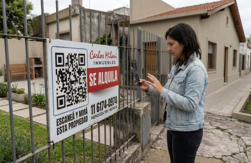 Persona escaneando código QR en cartel inmobiliario