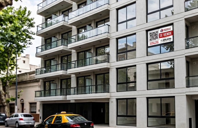 Cartel inmobiliario con QR colocado en edificio
