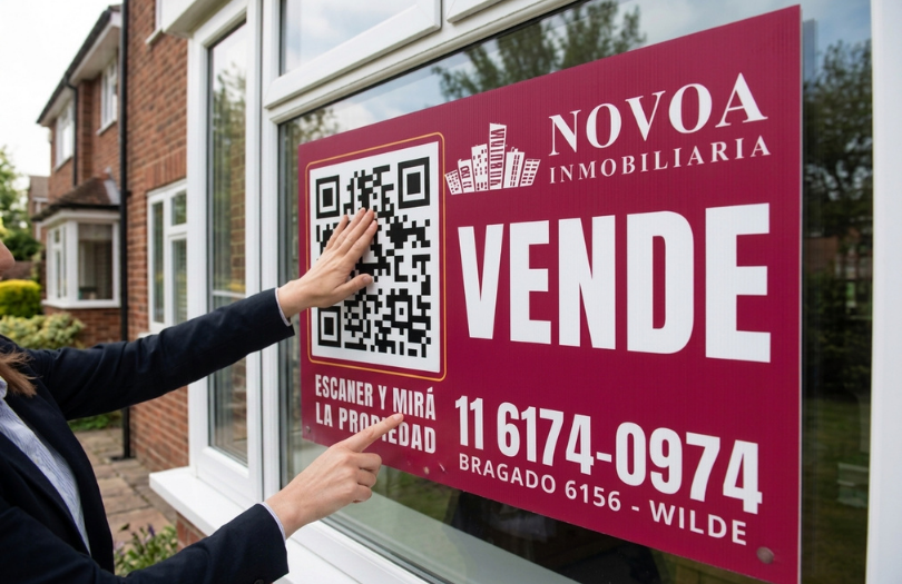Persona instalando cartel inmobiliario con código QR