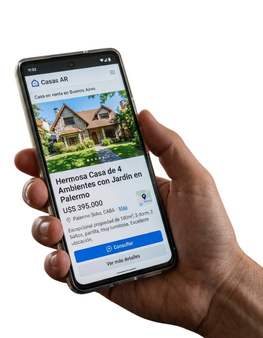 Celular mostrando ficha de propiedad con código QR inmobiliario